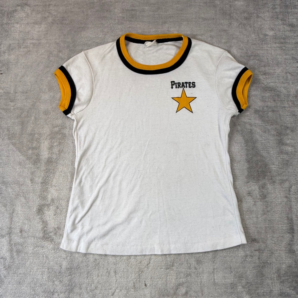 Pittsburgh Pirates Shirt Women Medium White Ringer Vintage 80 Thin NHL Hockey